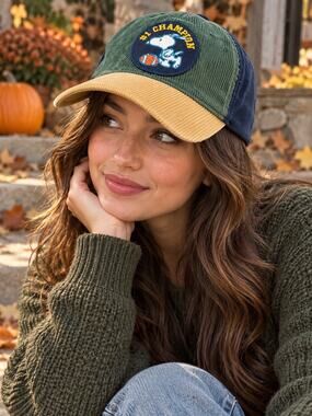 Peanuts Corduroy Baseball Hat OS Tan, Green and Blue Embroidered